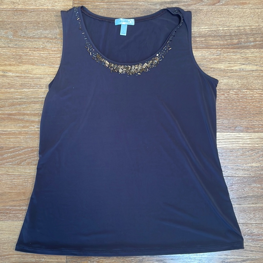 Dress Barn Womens Large Brown Sleeveless Blouse with Gold Neck Embellishment
